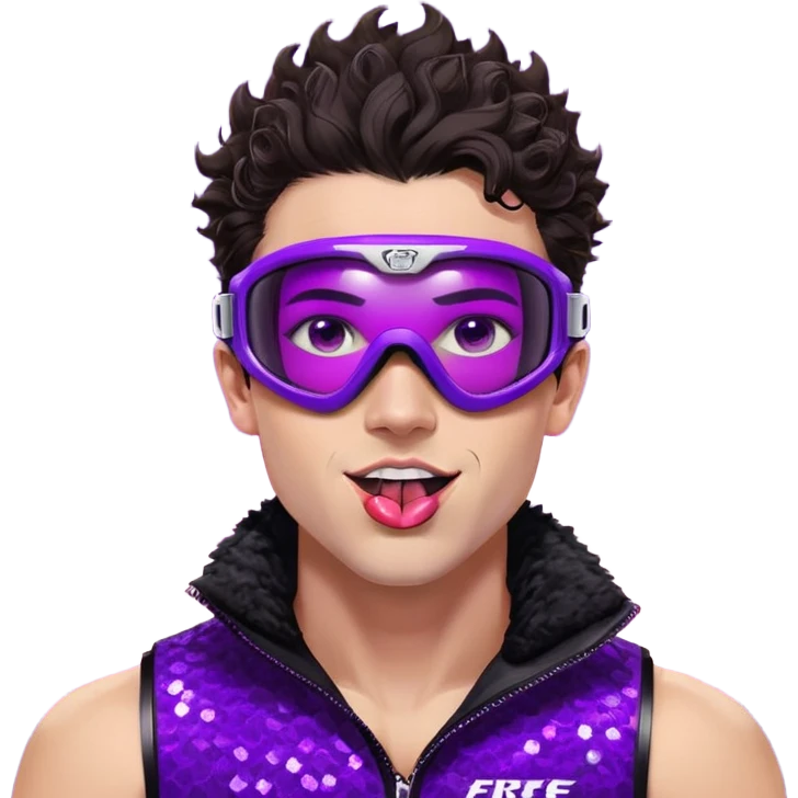 close-up of cool guy male athlete with white skin and moderately curly dark brown hair on top with shaved sides, with one purple ski goggle lens pushed up above his eyes on his forehead, sticking his tongue out of his mouth, wearing only a plain black chain necklace around his neck, and a completely unzipped sleeveless vest with purple and black sequin fire pattern design with no logo, clearly showing he is shirtless underneath with exposed chest and abs emoji