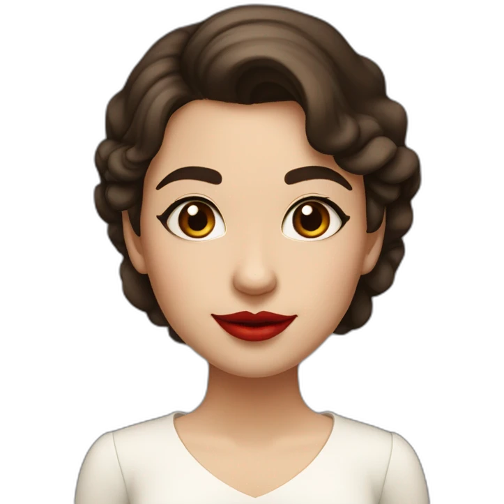 A girl with curved brown eyebrows, dark brown hair, bushy eyelashes, a high nose bridge, red lips, a white skirt with a swing neck, a fair complexion, and a smile emoji