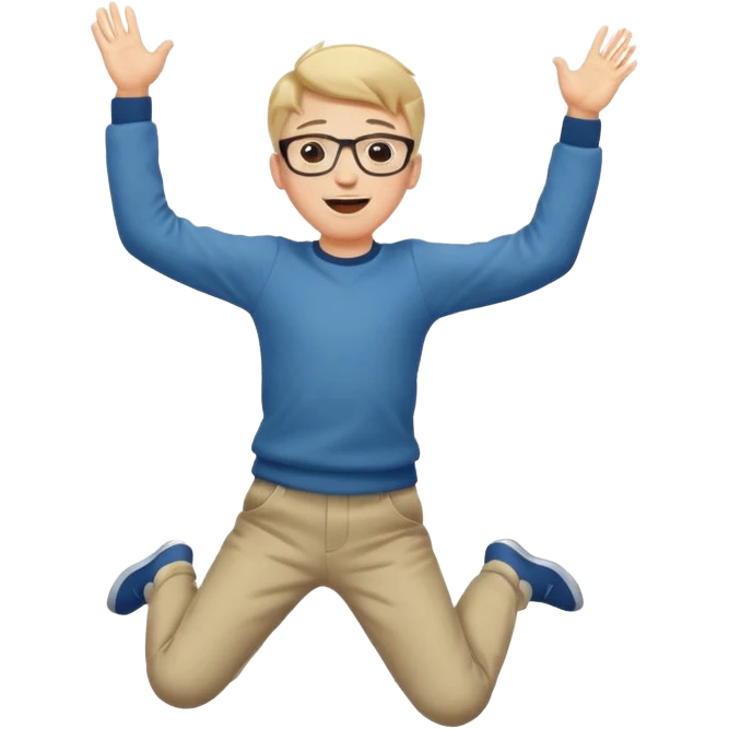 Very excited boy, jumping for joy, full body, eyes closed, wearing glasses emoji