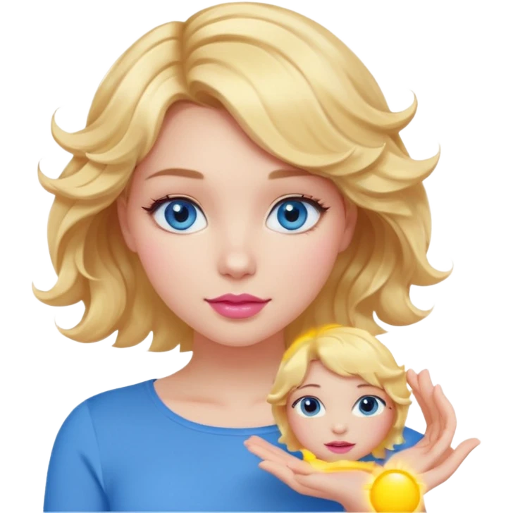 Girl Blonde short wavy hair,  blue eyes, cute blue top, long lashes, pink lips, holding the sun   emoji