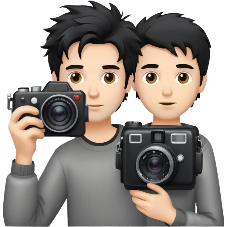 a white man with black messy hair holding a foto camera emoji