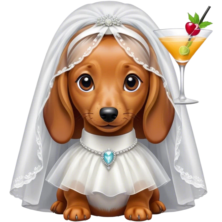 A girl Dachshund dog ￼with a bridal veil and cocktail emoji