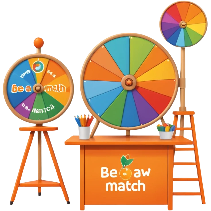 emoji of a recruitment booth. Two cartoon figures stand behind an orange table with 'MARROW, be a match' branding, a colorful spinning wheel, and a branded vertical banner. Simplified and cute. No fruit emoji