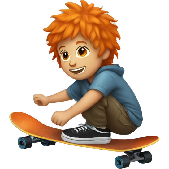 a small boy with orange hair riding a skateboard with a peace sign  emoji