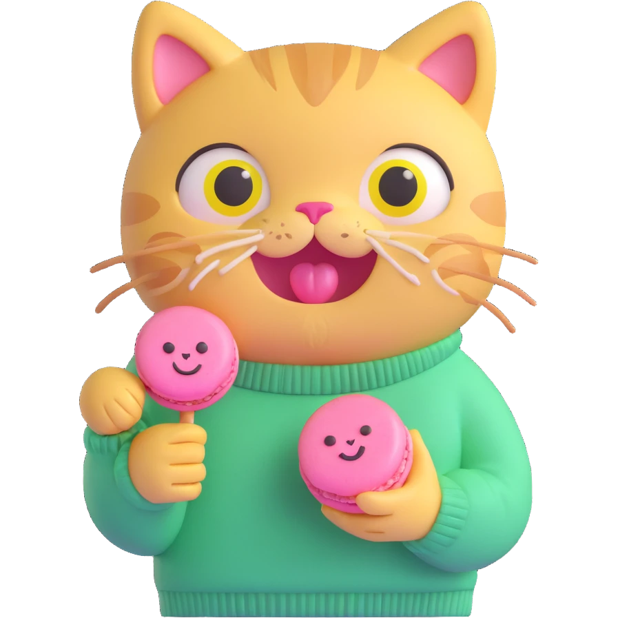 cute cat with big eyes, wearing a green sweater with yellow smiley faces, holding a pink macaron, soft and shiny, inspired by Apple emoji aesthetics, 3D iOS style emoji, variation 4 emoji