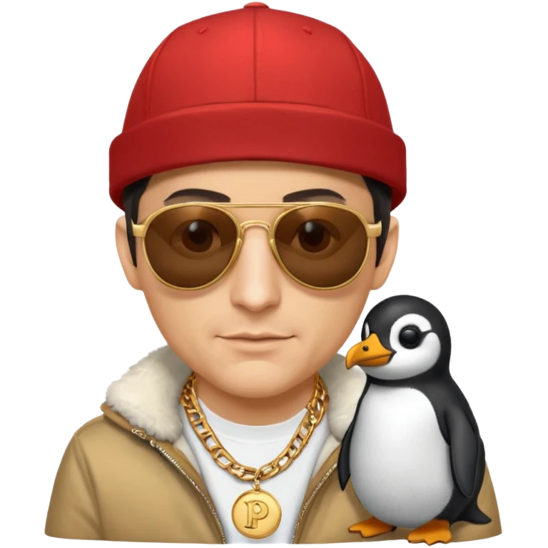Mike D from Beastie Boys with dark sun glasses and large penguin medallion on gold chain and Red Hat with Mike D printed on hat emoji