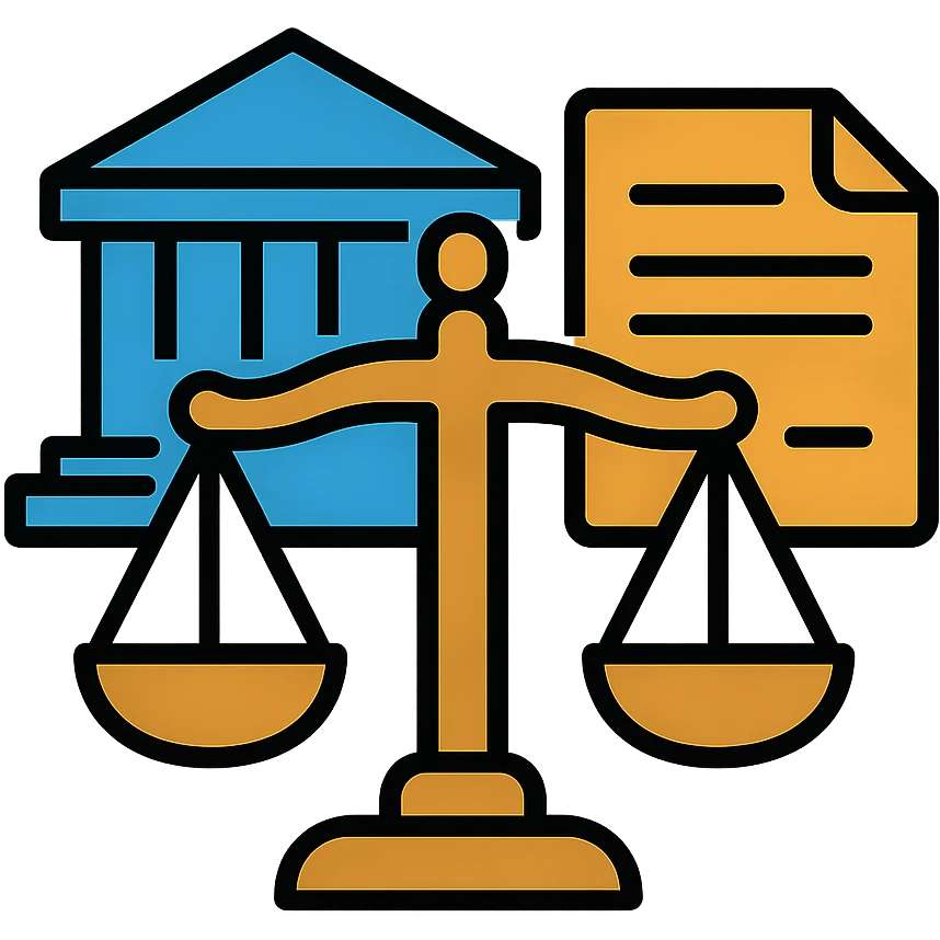 Scale of justice with government building and document - representing Responsabilité Administrative emoji