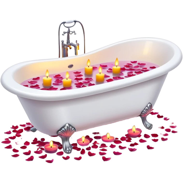 A white bathtub with warm water, with flower petals and scented candles, romantic lush warm colors emoji