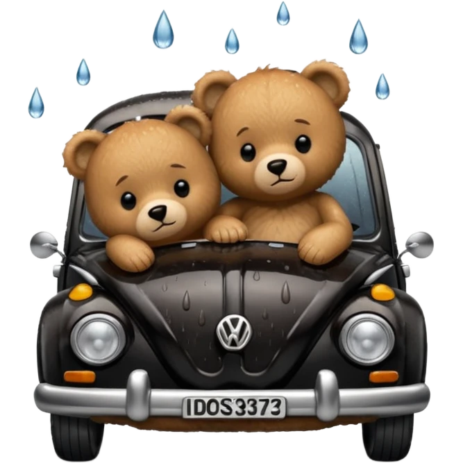 Two teddy bears sleeping in black Volkswagen in the rain emoji