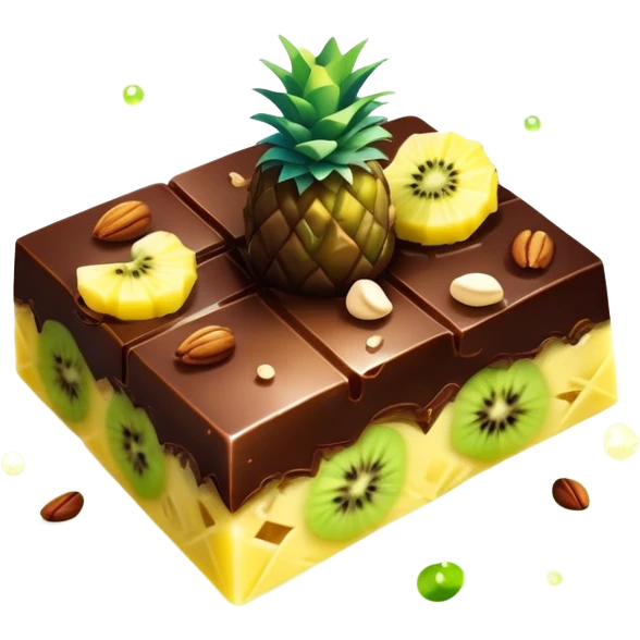 Ethereal evening snack with magical dark chocolate squares, enchanted mixed nuts, celestial kiwi slice and glowing pineapple chunks, all floating with sparkly aura emoji