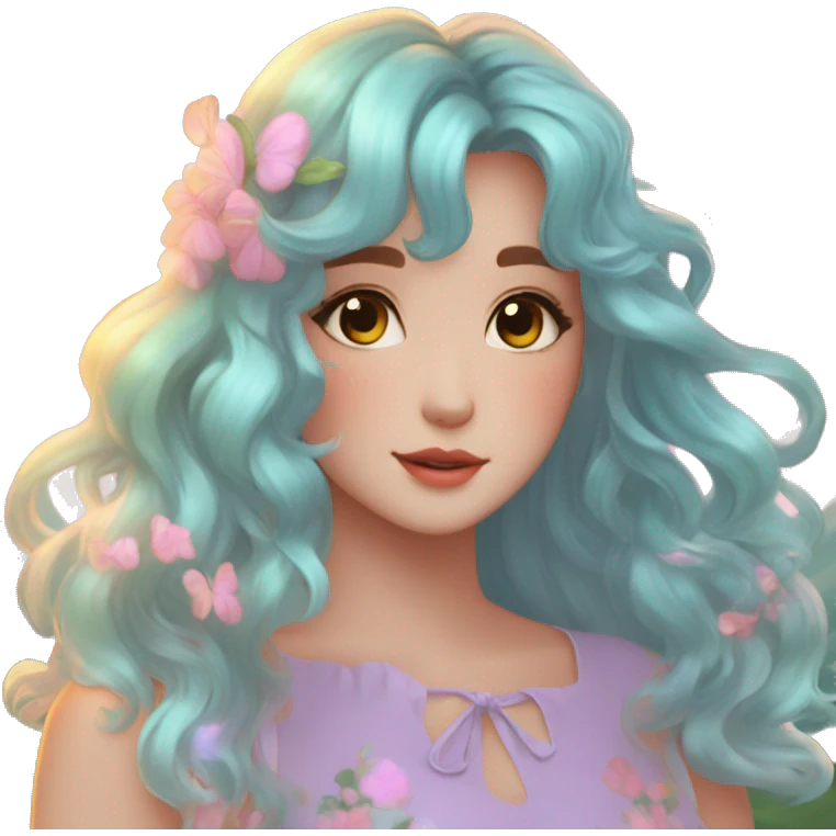 Dreamy pretty shiny colorful girl in nature pastelcore kawaii beautiful hair cottagecore accessories trending aesthetic emoji