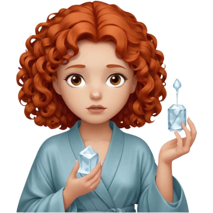Cartoon emoji of a girl with voluminous curly red hair, fair skin, warm brown eyes. Wearing a chic milky silk robe with long sleeves, no makeup. Portrait mode, holding a ice cube, looking doubtful and unsure. Smooth, simple, stylized." emoji