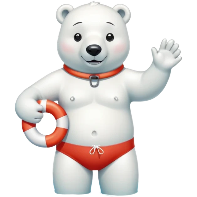 full body friendly anthropomorphised polar bear smiling, wearing colorful swim shorts and swim goggles, standing in a small pool of water, holding a red and white life buoy emoji