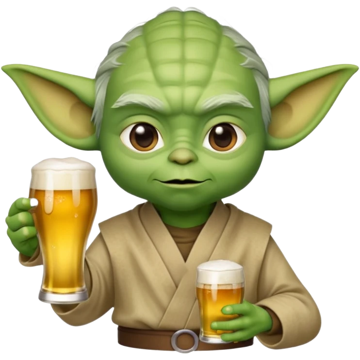3D emoji-style Yoda head holding a beer glass in one hand. Smooth rounded shapes, soft gradients, friendly expression. Golden beer with foam in transparent glass. Close-up, centered. PNG, transparent background. emoji