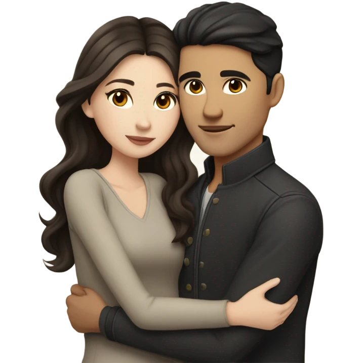 A pale half Asian man with short dark hair and amber eyes embracing and loving a white woman with long wavy brunette hair and dark hazel eyes. They love each other a lot And have good fashion taste and are hugging each other tight  emoji