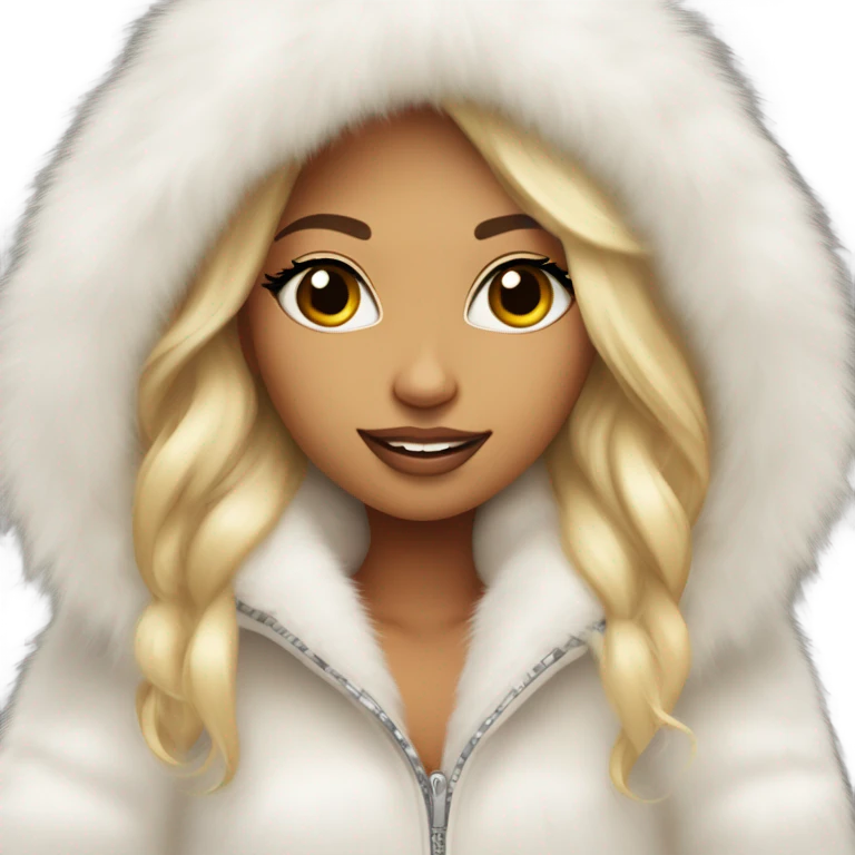 Tanned Girl with lashes , blonde hair, in an extremely big fluffy oversized white fur coat with hood on. The fur is real and it’s very obvious big and fluffy like in Pinterest  emoji