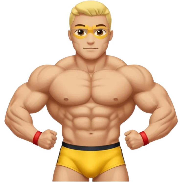 bodybuilder doble biceps possing; complete body; yellow skin; no wrist bands; wearing a speedo emoji