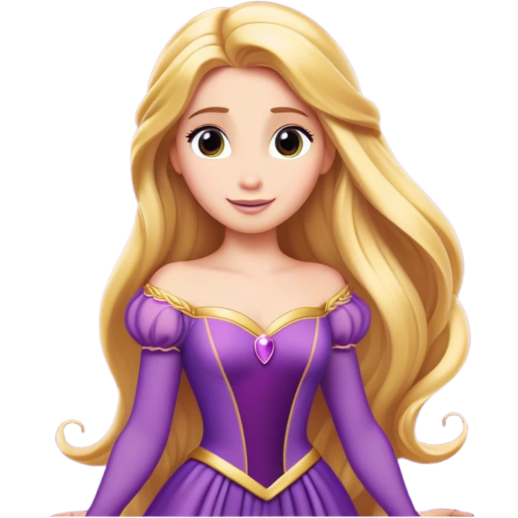 Cinematic Majestic Rapunzel Portrait Emoji, rendered in a clean, vector-style with bold, simplified shapes. Show Rapunzel with a serene, graceful expression, luminous fair skin, and elegantly styled long golden hair, accented by her classic purple gown. The design radiates a majestic, dreamlike glow with high shine and a soft glowing outline, embodying regal beauty. emoji