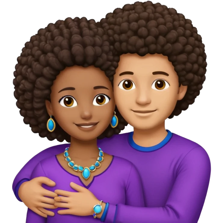 Tan male with short straight, light wavy hair, smiling and hugging a darkblack African  girl with Afro in purple clothes with blue jewelry emoji