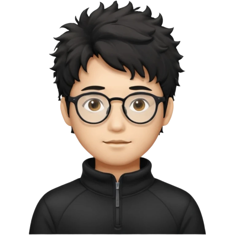 Make an Asian male with black fluffy messy hair wearing a black quarter zip and glasses emoji
