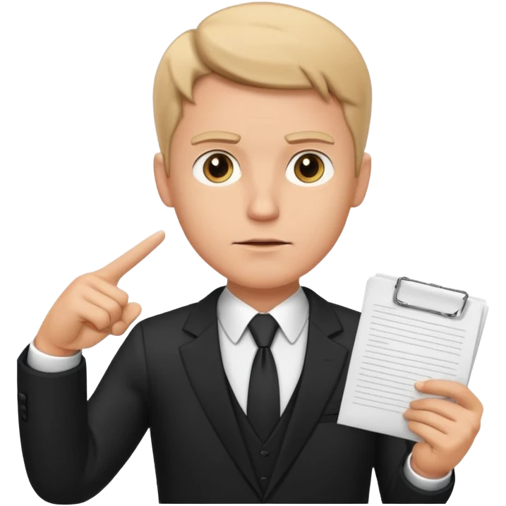 A white man in a black suit stands with a serious face and points at his hand holding papers. emoji