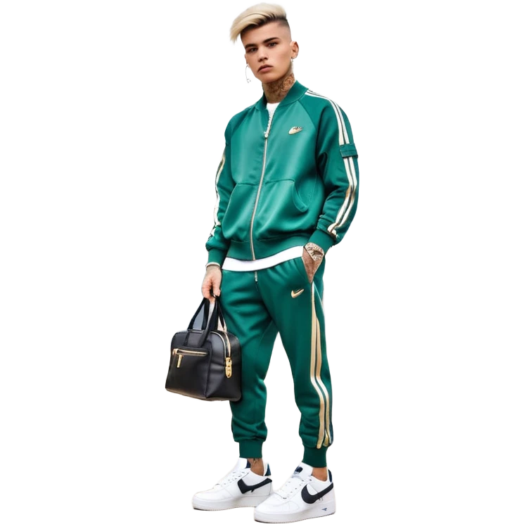 Capelli rasati ai lati con sfumatura, sopra corti e fissati con gel. Look curato e deciso. Indossa tuta firmata (Nike, Adidas, Lacoste, EA7) o jeans skinny, scarpe vistose come Air Force 1. Sempre presenti borsello a tracolla e collana d’oro E tatuaggi d’appertutto emoji