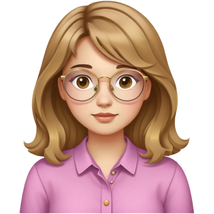 young adult woman with light skin, round face, prominent cheeks, medium plump body, long light brown hair with golden highlights, voluminous and wavy, long bangs over eyebrows, large octagonal glasses with thin golden or light pink frame, casual dark shirt emoji
