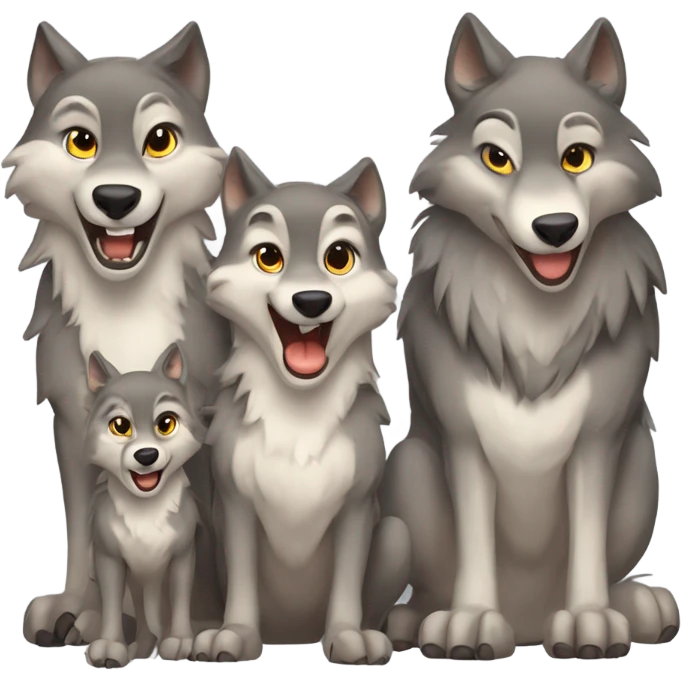 a anthropomorphic wolf with two wolf pups and a second adult wolf who is the mother. all smiling at the camera . emoji