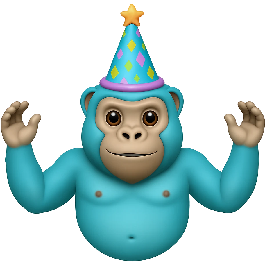 Make sure the cyan gorilla with a party hat has no legs, keep the background transparent. Maintain the original style and details of the image. emoji