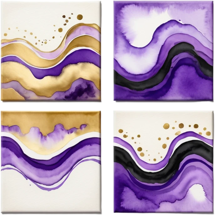 Black, white, gold, purple, abstract Watercolor paintings on three canvases next to each other  emoji