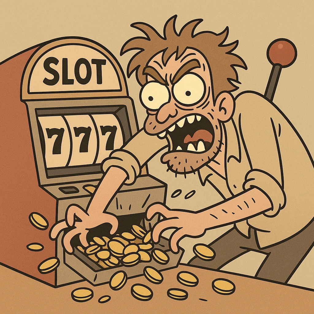crazed man frantically scraping a casino slot machine, losing all his money, wild expression, coins spilling out, cartoon style emoji