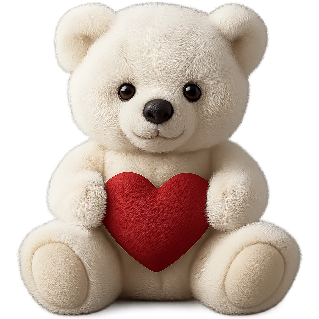 Change the teddy bear's fur to a realistic white color, keep soft lighting, and maintain a transparent background. The style should look realistic and natural with soft lighting effects. emoji