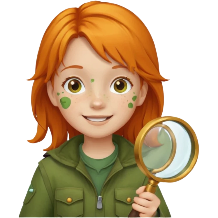 braid orange haired girl kid in moss green explorer outfit, holding magnifying glass, smile emoji