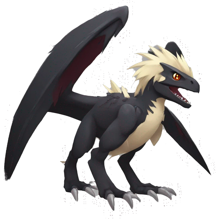  Cool Edgy Black Digimon-Fakemon-Raptor-Reptile with beige belly and maroon-colored mane full body emoji