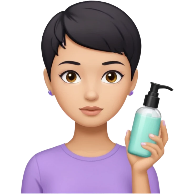 tan girl with pastel purple shirt with black hair & a pixie, doing her skin care emoji