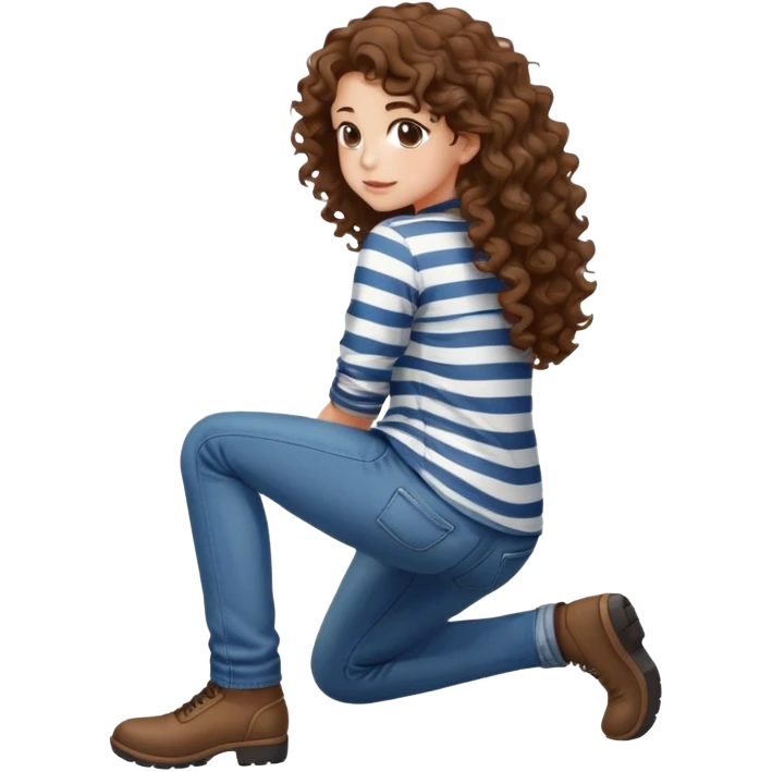 girl with curly hair in jeans and striped shirt kneeling on the ground seen from behind emoji