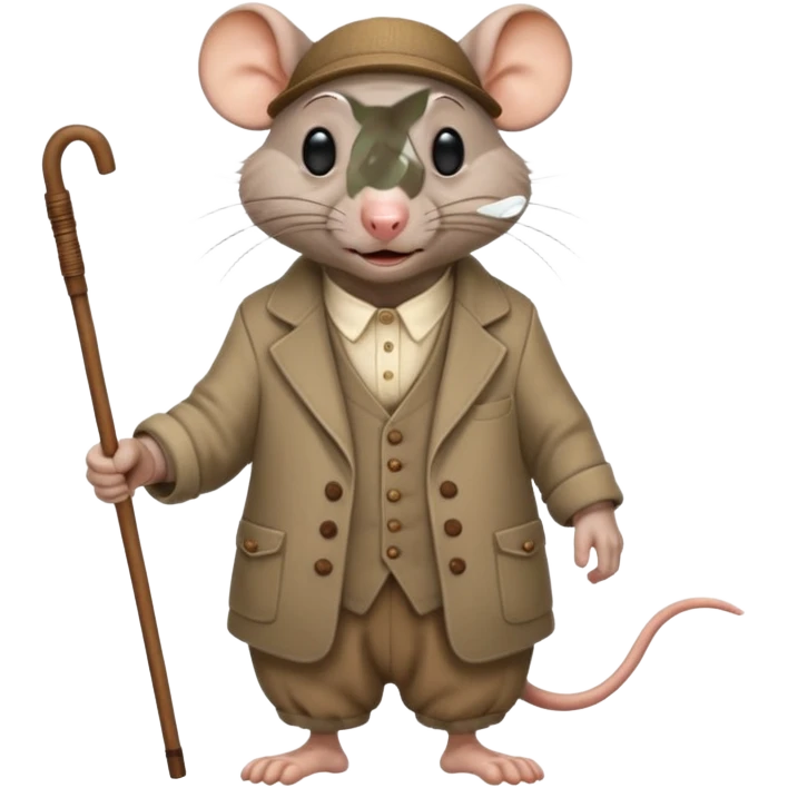 Old rat with wrinkles, happy, with old clothes and a cane  emoji