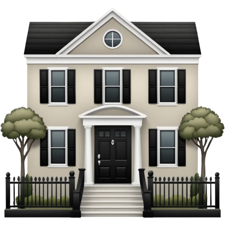 greige colonial house with black shutters and black front door and black railings. emoji