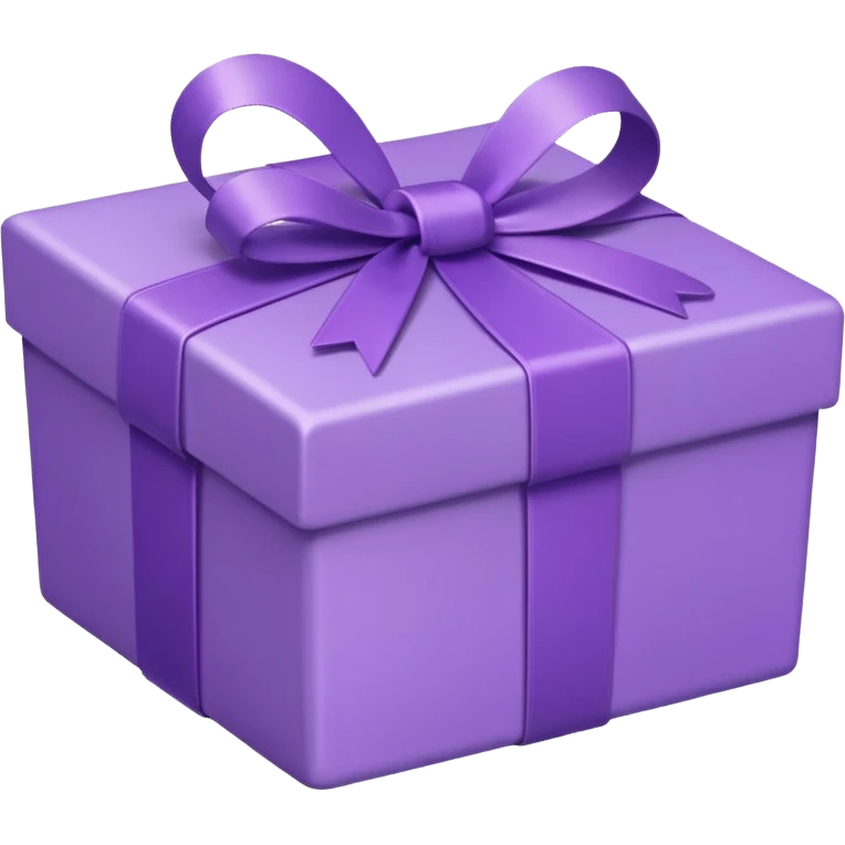 A cute emoji-style illustration of a purple gift box with a ribbon, pastel purple tones, rounded shape, kawaii style, simple clean lines, soft shading, minimal details, centered composition, transparent background emoji