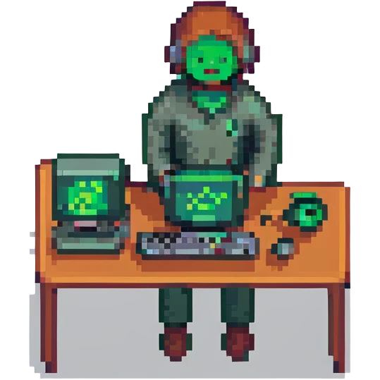 online icon, person at a computer with a green indicator emoji