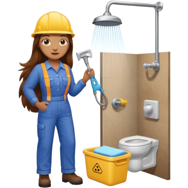 beautiful girl with long brown hair constructing new bathroom area with new shower and amenities  emoji