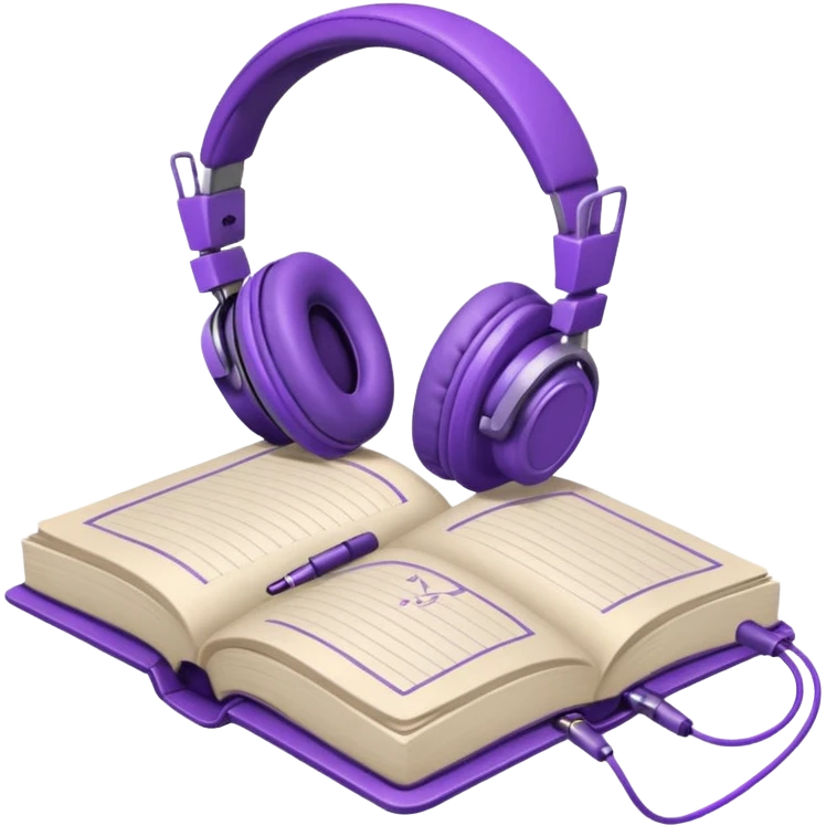 purple open journal with purple headphones on top emoji