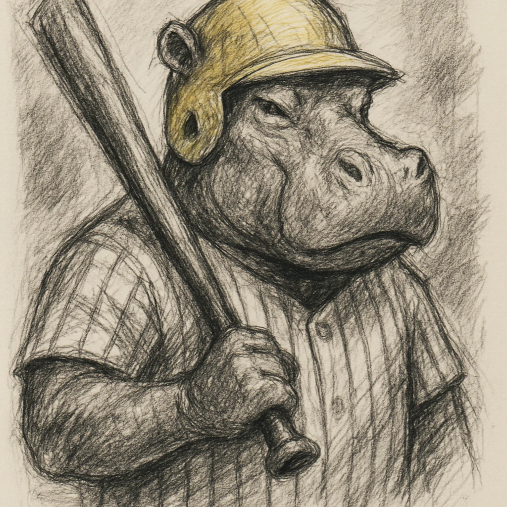 hippo holding a baseball bat, wearing a yellow helmet, pinstripes outfit emoji