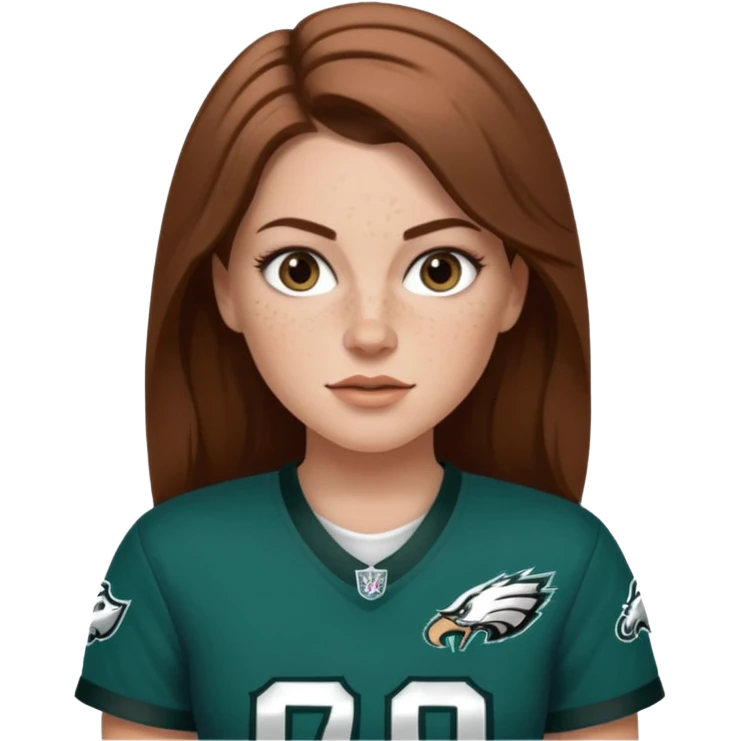 White girl with long milk chocolate brown hair parted down the middle and freckles wearring a Philadelphia eagles jersey emoji