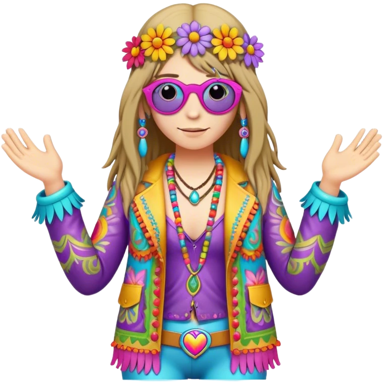 3D, psychedelic colored hippie wearing hip huggers and a fringed jacket with flower border emoji
