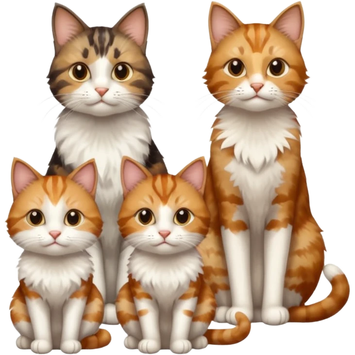 3 cats different colours including brown tabby and white, light patchy calico, and ginger and white emoji