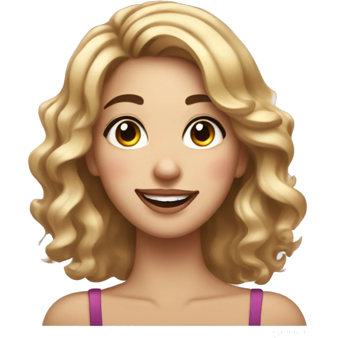 An emoji of a smiling woman with wavy, shoulder-length hair, wearing sparkling eye makeup and a soft, friendly expression. One hand gently touches her face, showcasing her elegance and joy emoji