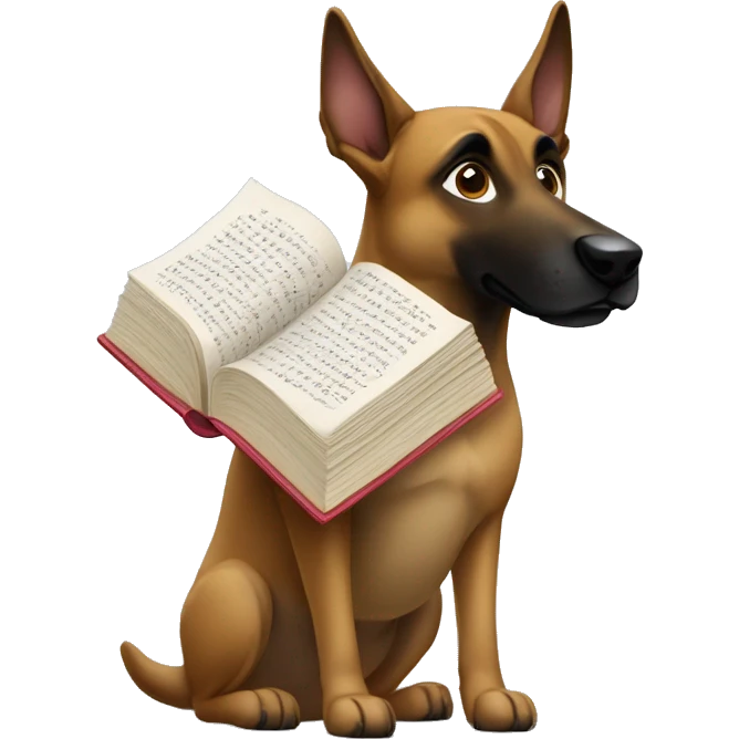 malinois prends des notes avec un livre emoji