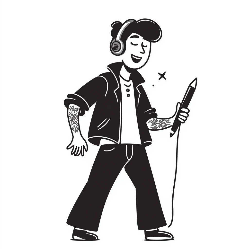 rock star with neat trimmed beard, tattooed arms, headphones resting on shoulders, happy expression, holding mic in one hand and pencil in other emoji