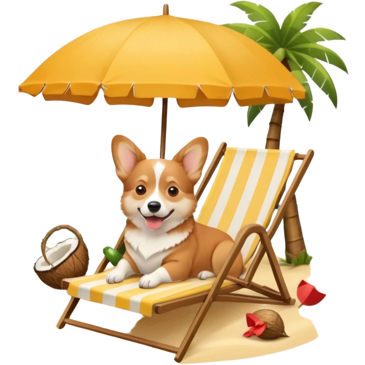 a corgi dog laied on a beach chair, a sunny beach, a sun umbrella, and beach coconut trees. the icon should capture the essence of a relaxing beach vacation with a carefree atmosphere emoji